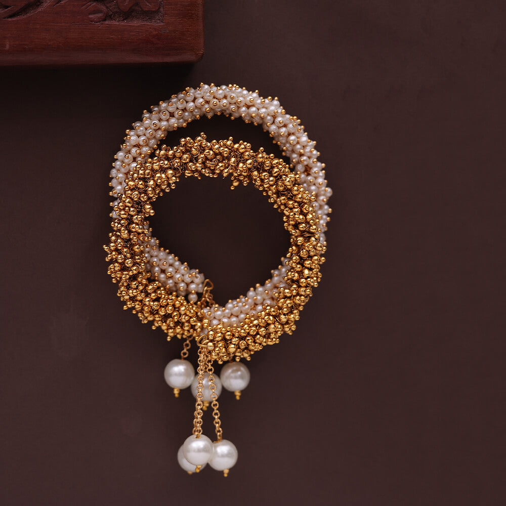 Antique Gold & Pearl Drop Open Bangle Bracelet