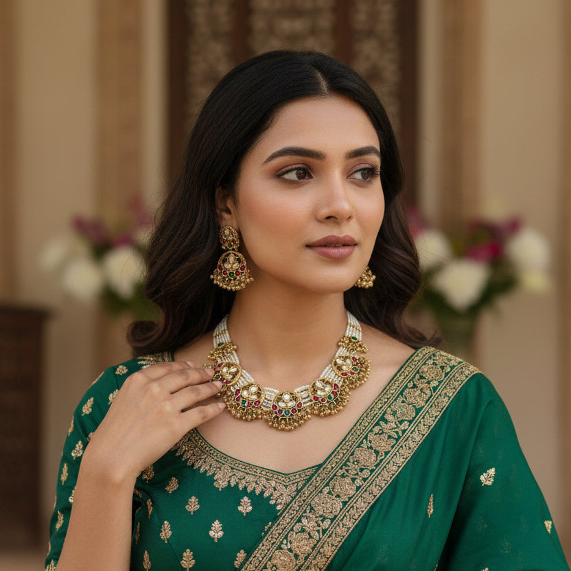 Gold tone jewelry set with necklace, earrings,  on a white plate