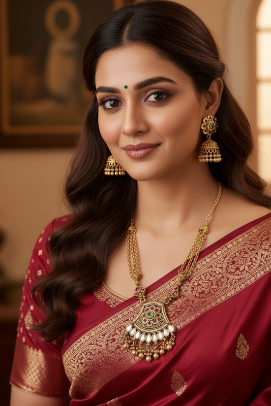Antique Gold Long Necklace Set with Jhumka Earrings Temple Jewelry