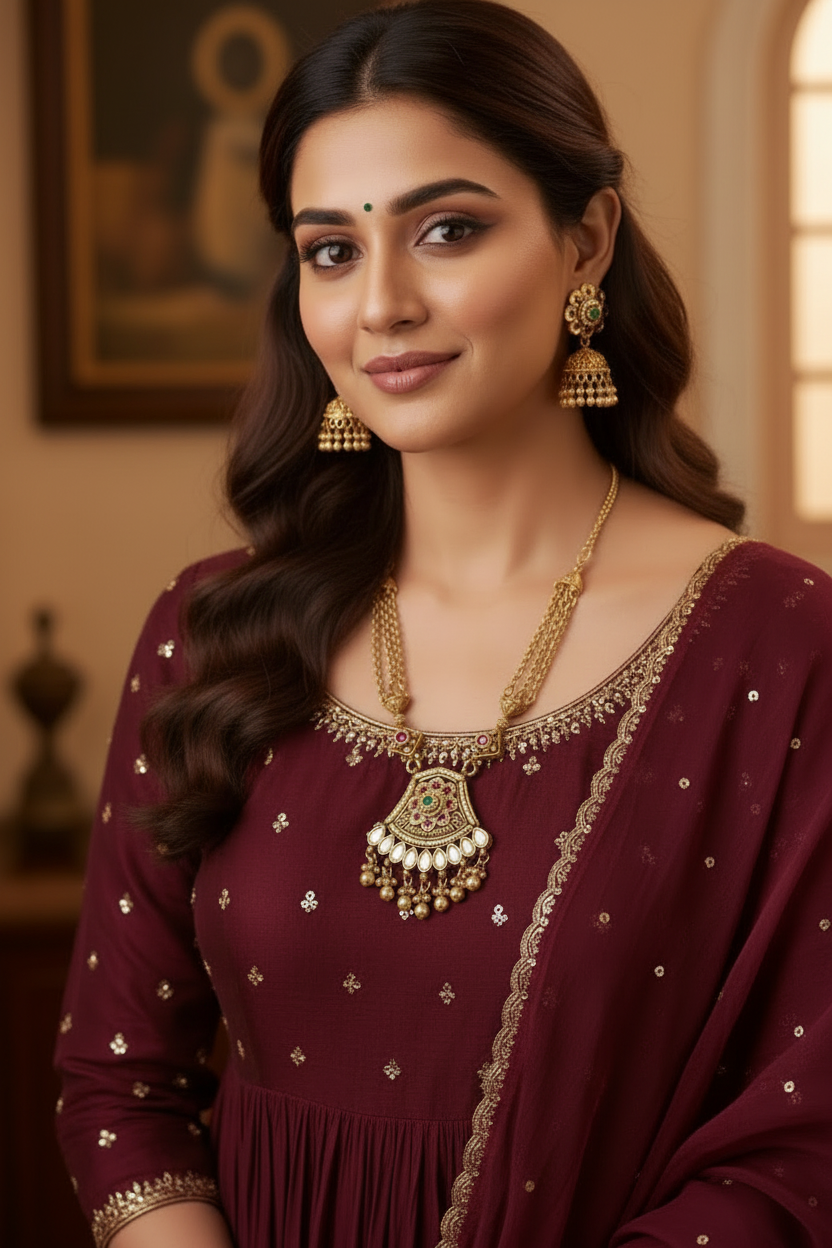 Antique Gold Long Necklace Set with Jhumka Earrings Temple Jewelry