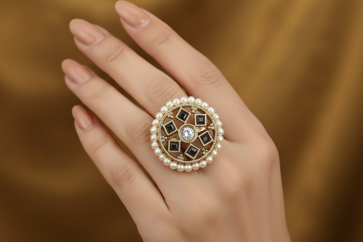 Close-up of a hand wearing an black kundan ring with pearls and gemstones on a brown background