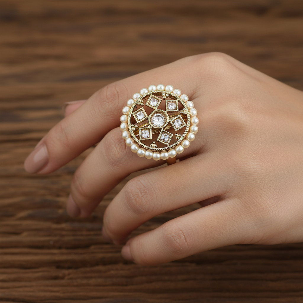 Close-up of a hand wearing a decorative traditional indian clear stone ring with pearls beaded boarder around ring on a wooden surface