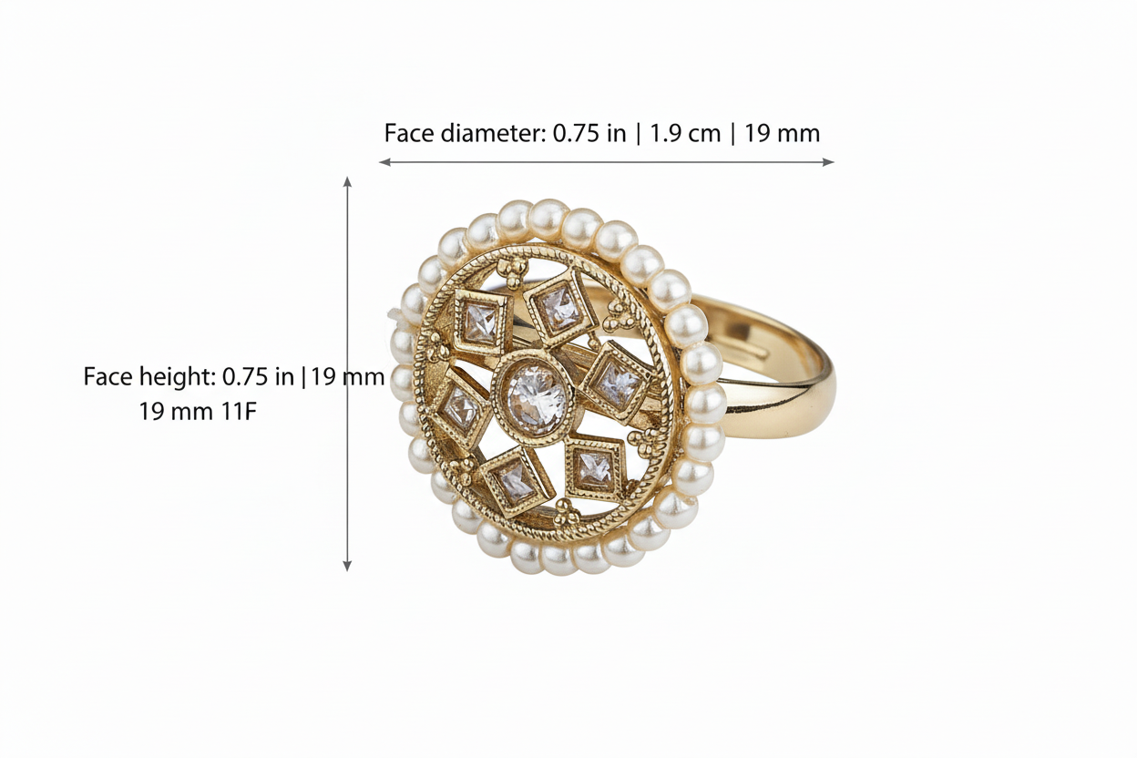 Gold ring with pearl and diamond accents on a white background