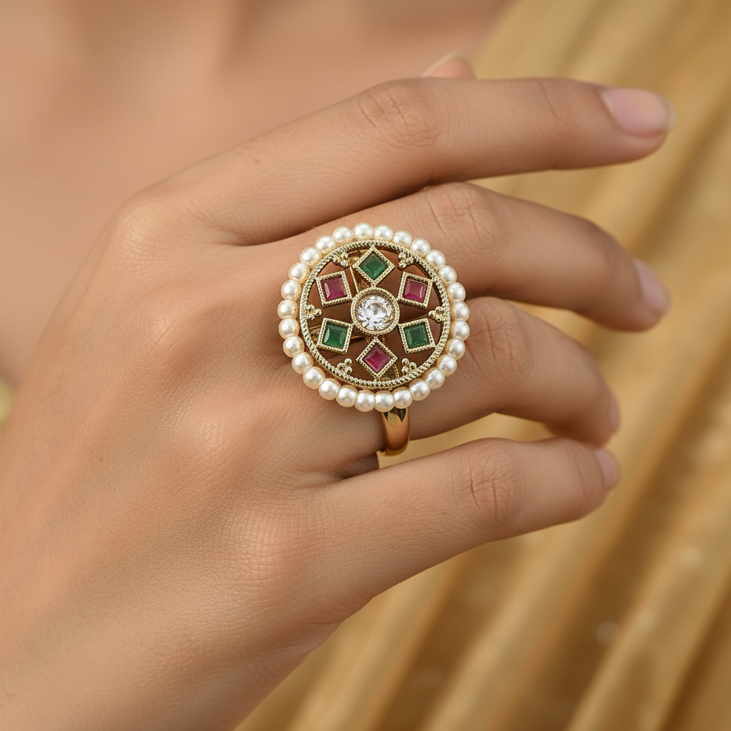 Close-up of a hand wearing a decorative red green stone antique ring with pearls and gemstones against a blurred background