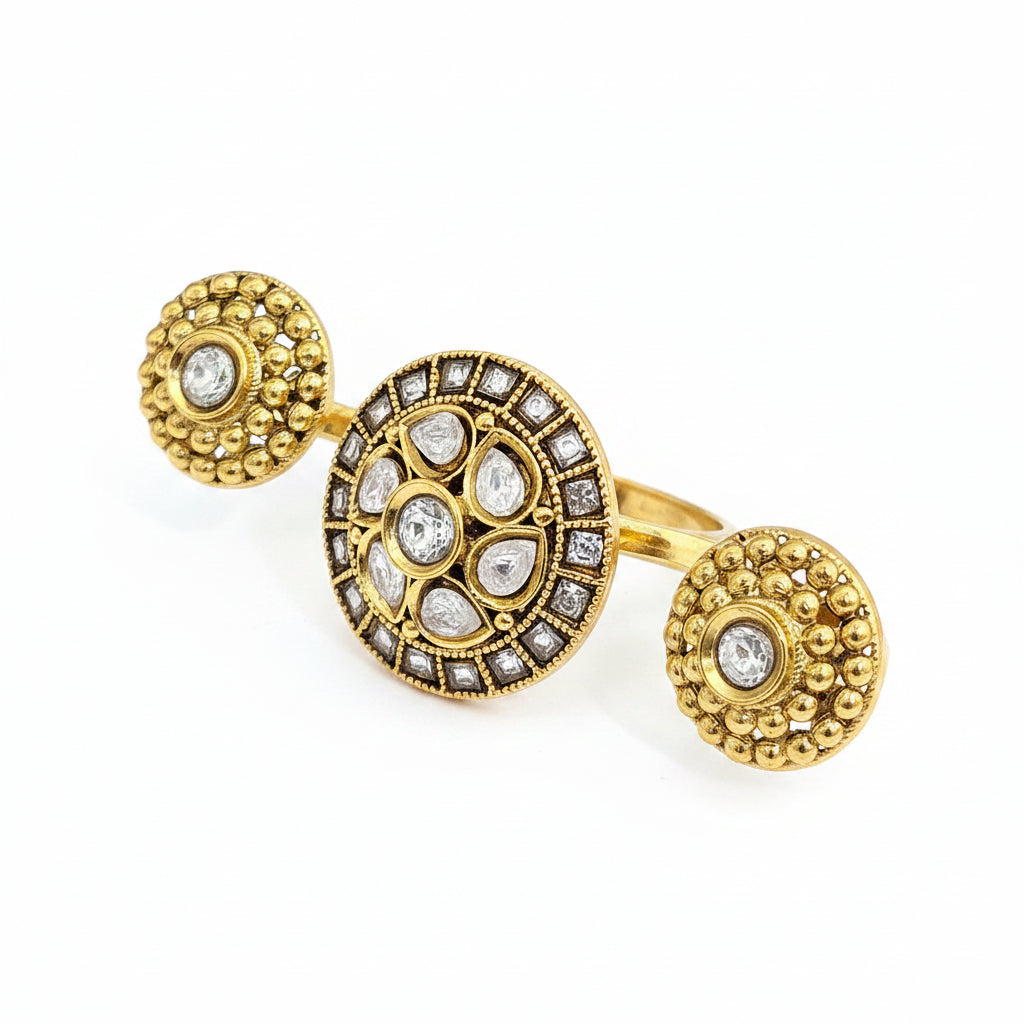 antique Gold plated wedding traditional three connected ring with two finger wearing band gemstones on a white background