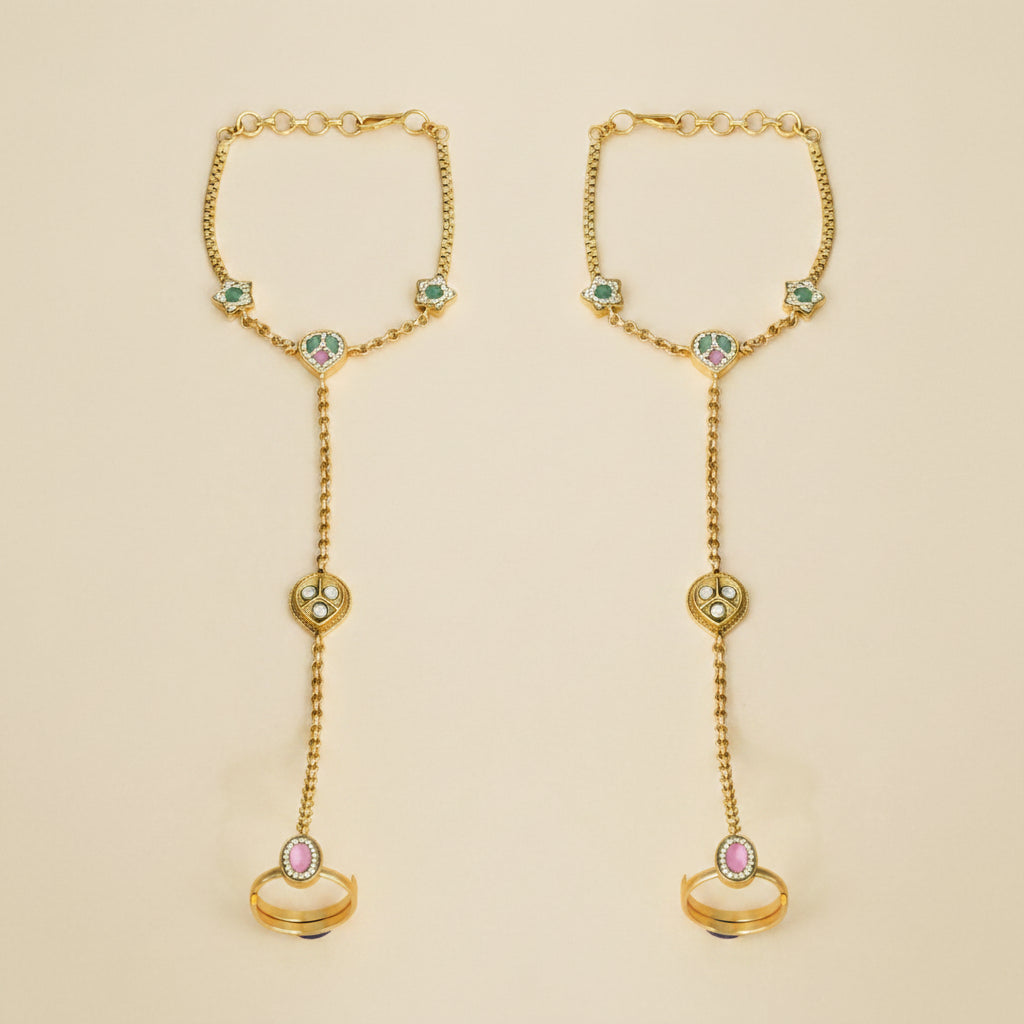 Antique Classic Hath Panja Gold Tone Plating Adjustable Hand Chain 1 Pair