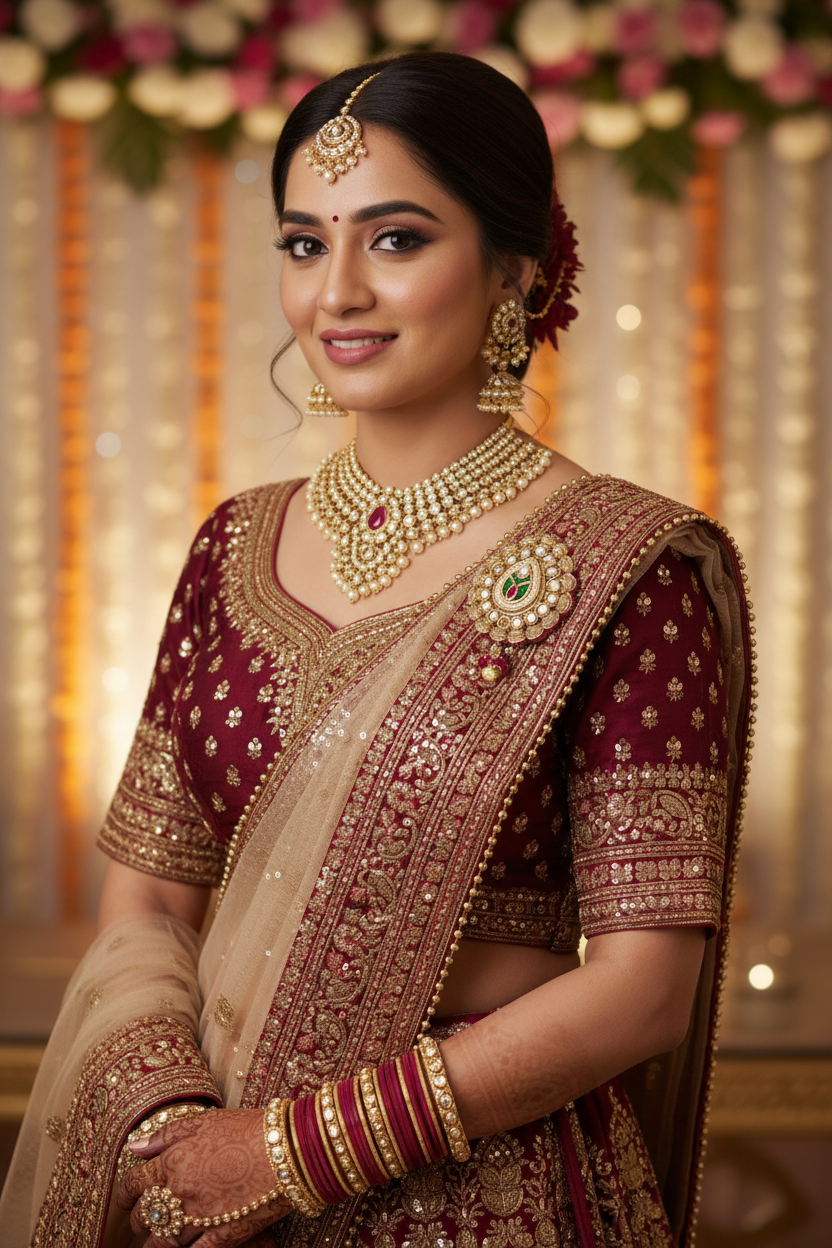 Woman in traditional maroon sari pin brooch and jewelry against a decorated background