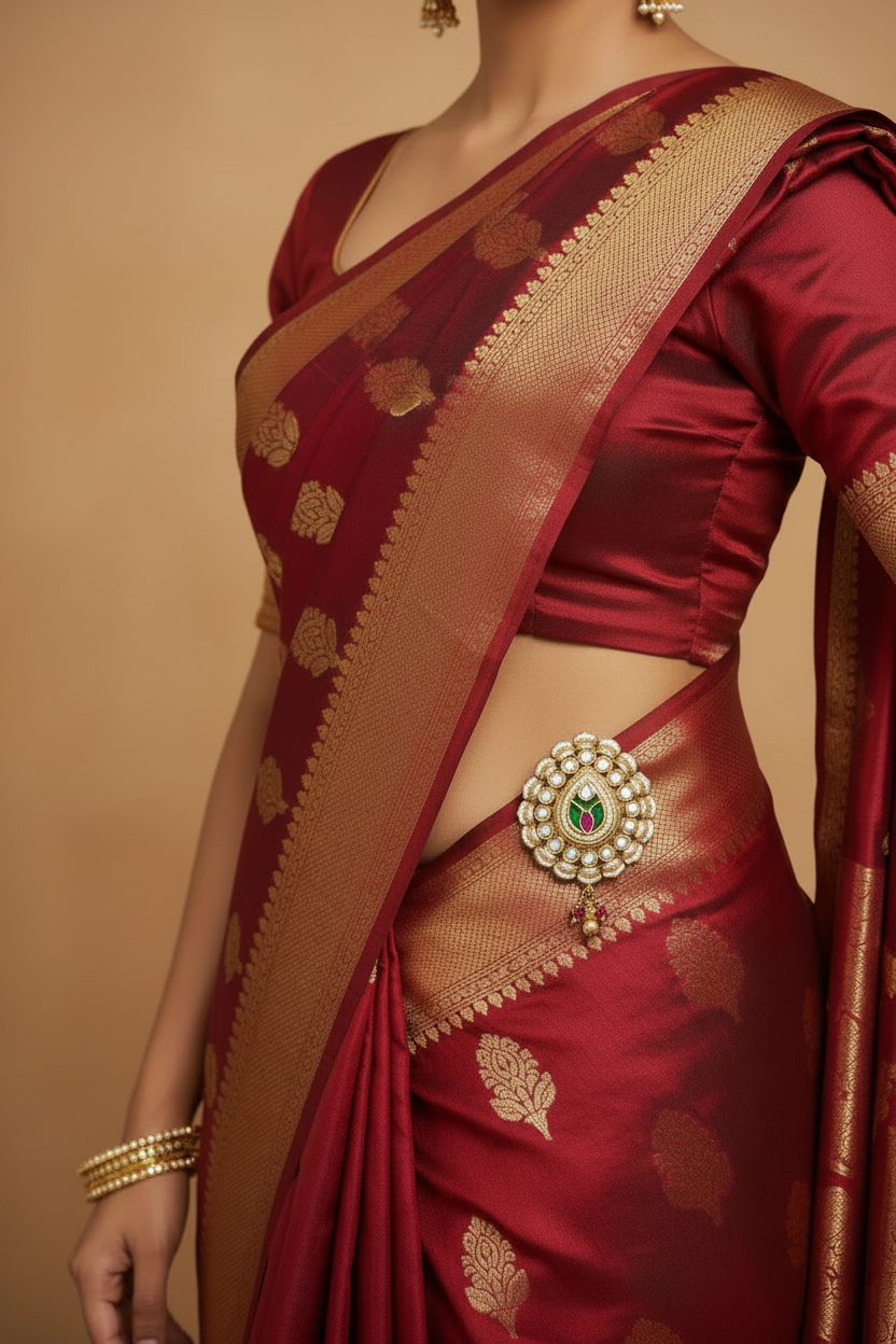 Dupatta Saree Brooch – Kundan Polki with Ruby & Green Meenakari