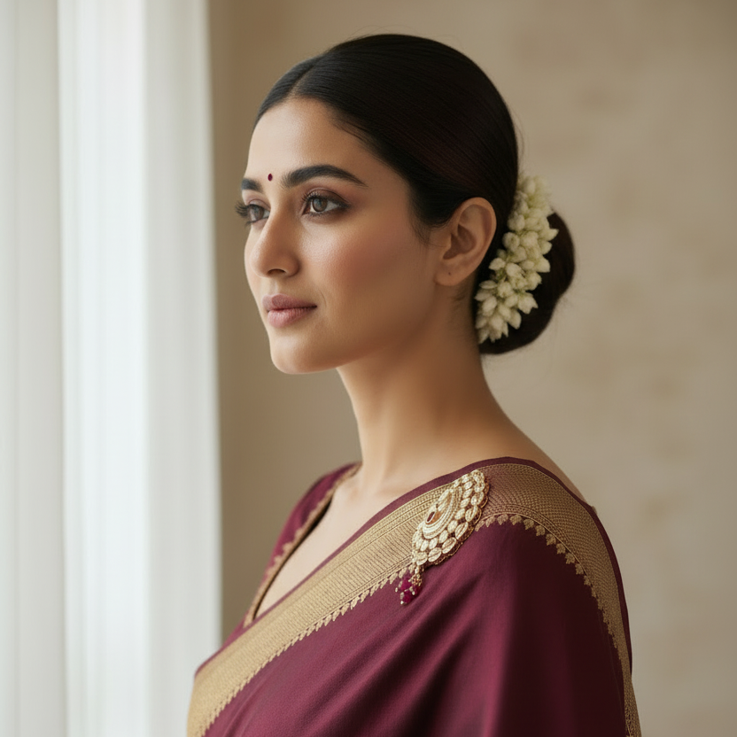 Woman in a maroon saree wearing antique safety pin with gold border against a neutral background