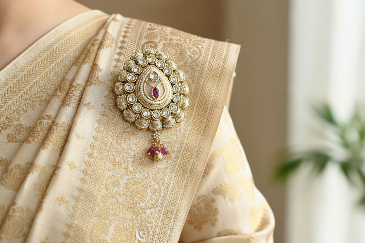 decorative sari pin brooch against a neutral background