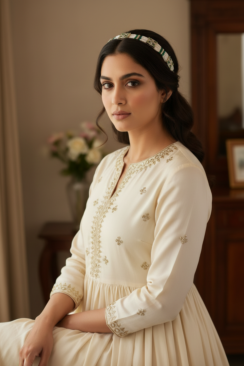 Woman wearing head hair band in a green white embroidered antique gold plated pearl Shishful on a with a blurred indoor background