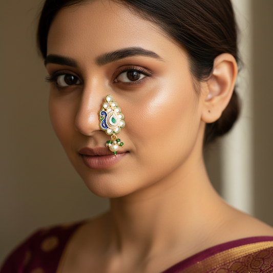 Woman wearing a decorative peacock nose ring with a blurred background