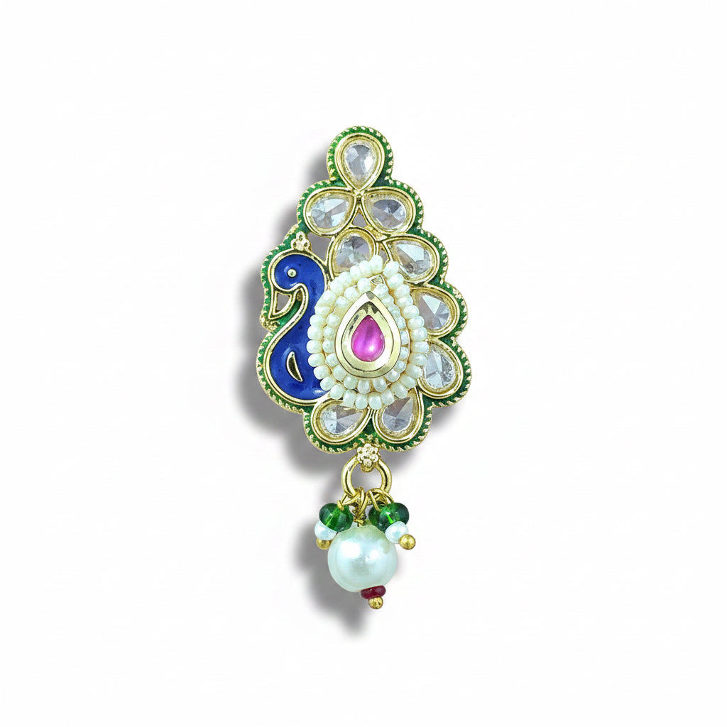 Decorative peacock shaped kundan marathi nose traditional jewelry with gemstones and pearl drop on a white background
