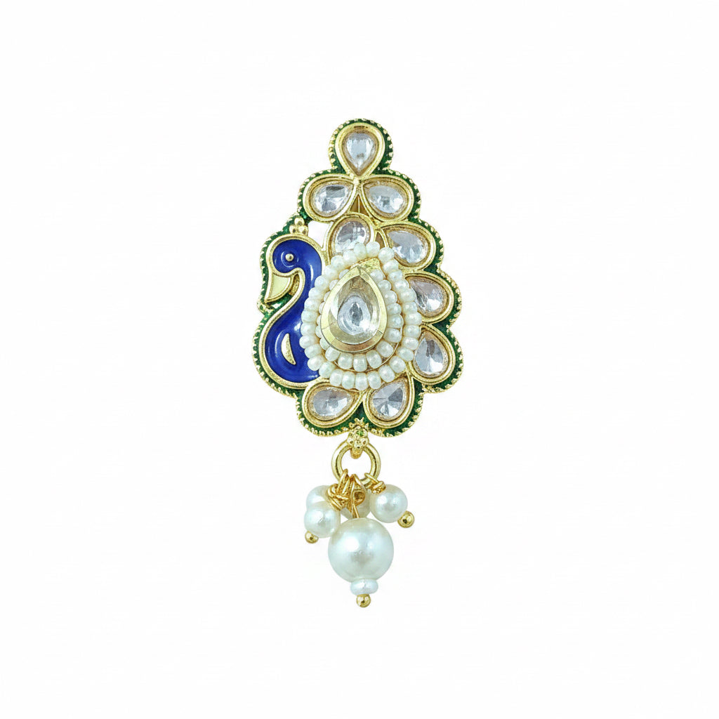 Fusion Indian traditional nose nath peacock shaped with pearls on a white background