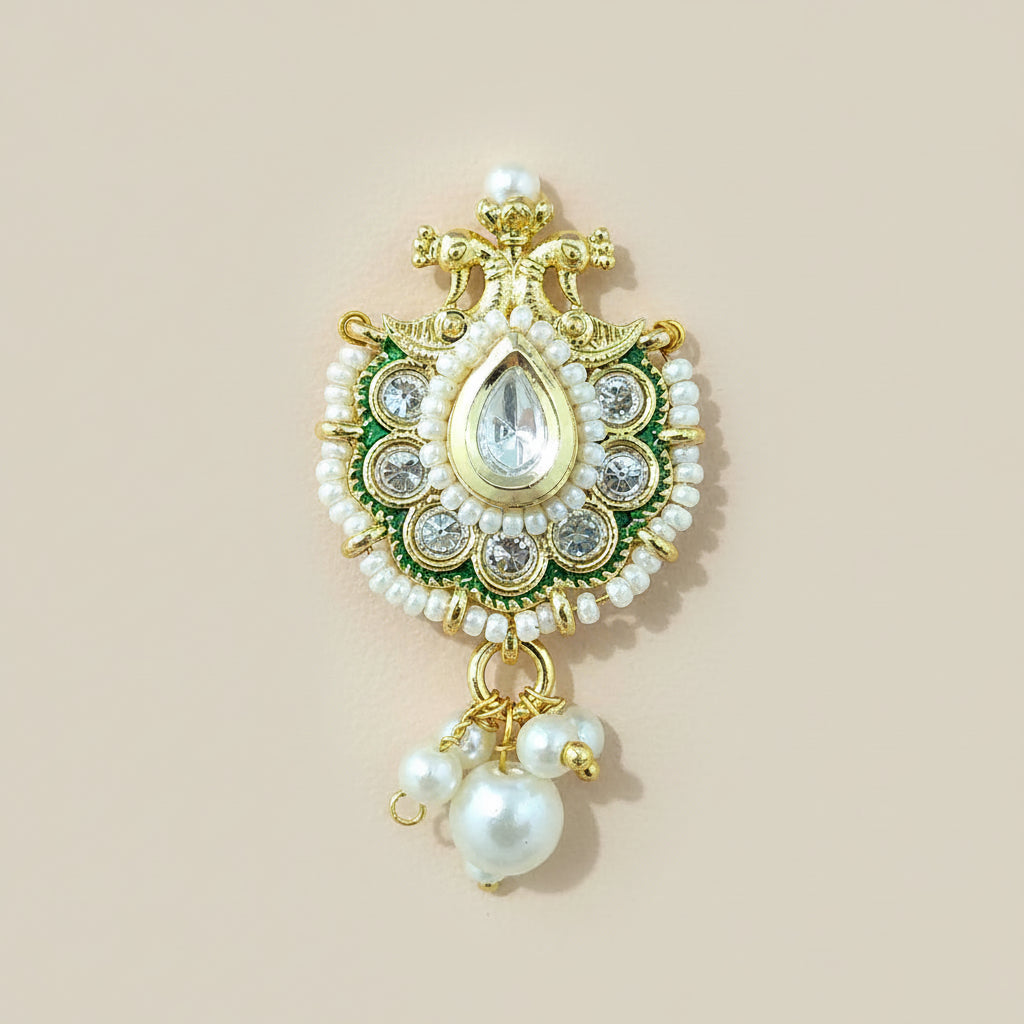 green peacock nose nath with pearls and kundan temple jewelry on a beige background