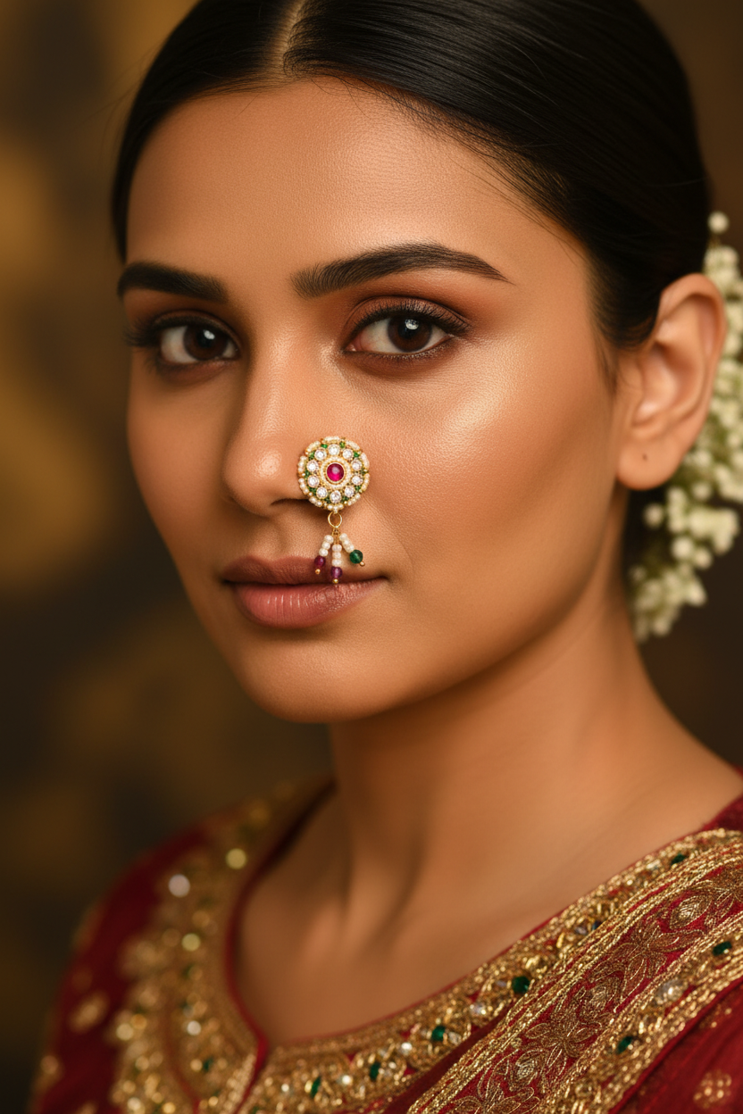 Antique Nose Nath Gold Plated Moti Traditional Indian Bridal Jewelry