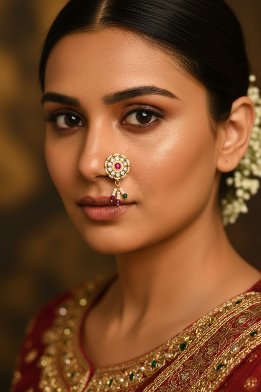 Antique Nose Nath Gold Plated Moti Traditional Indian Bridal Jewelry