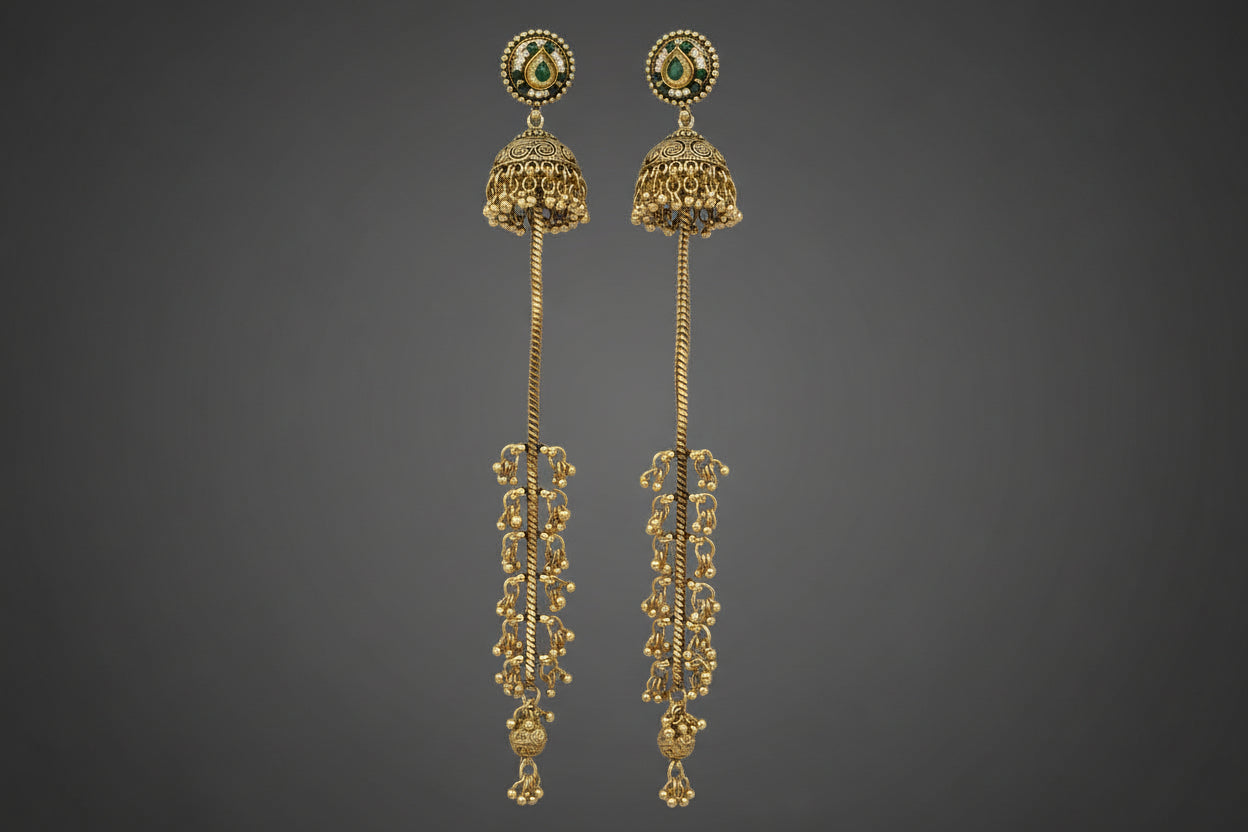 Temple Jhumka Earrings – Gold Plated Elephant Chain with Pink Stone, Bridal Jewelry