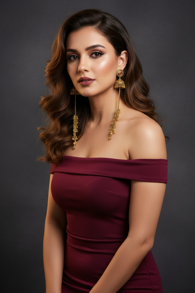 Woman wearing ruby red gold plated dangle long chain earrings Indian traditional with a burgundy off-shoulder dress against a dark background