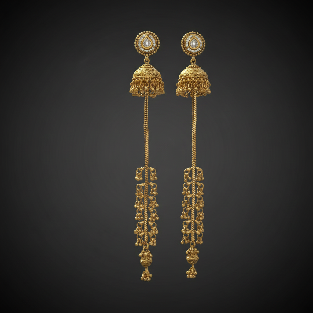 Temple Jhumka Earrings – Gold Plated Elephant Chain with Pink Stone, Bridal Jewelry