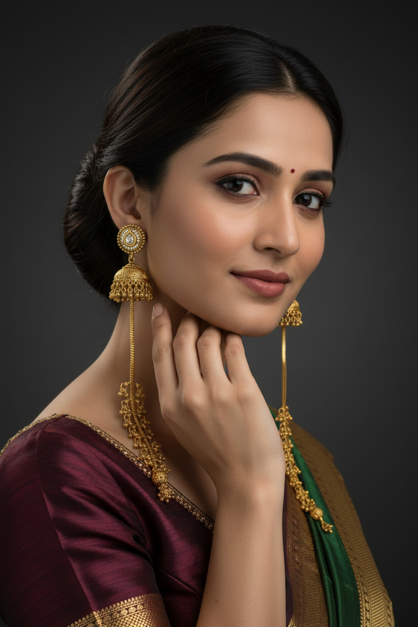 Woman wearing traditional Indian attire with antique gold plated jhumka long chain earrings against a dark background