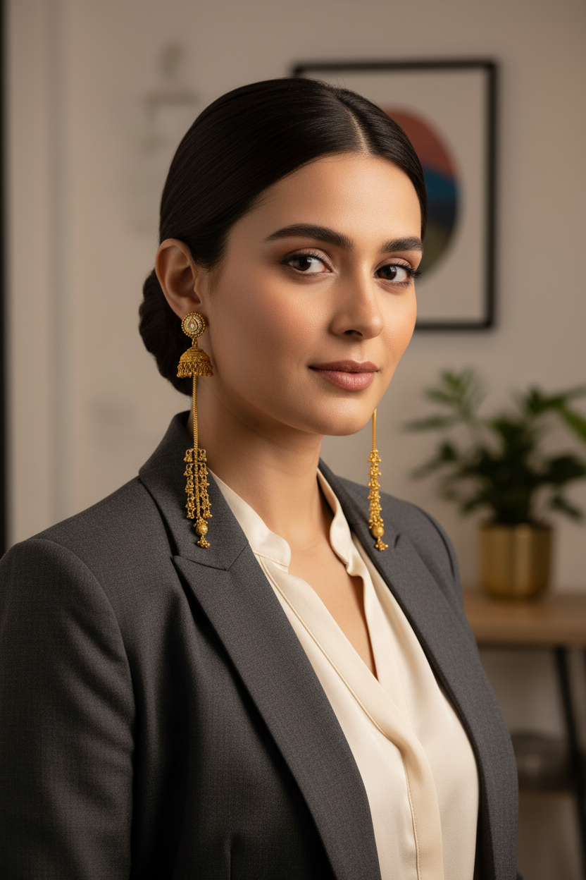 Woman wearing a dark blazer and beige blouse with white stone beaded heritage gold tone large earrings indoors.