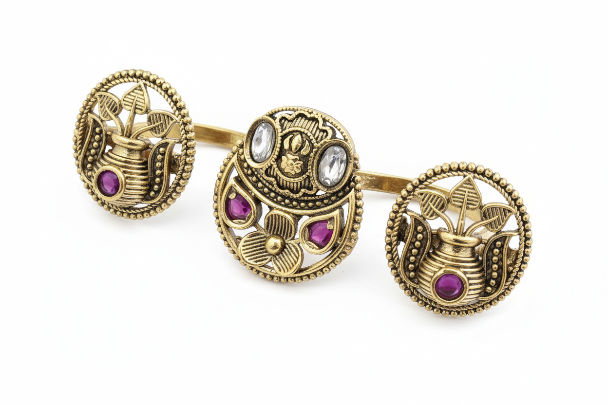 Antique two Finger Adjustable Ring Kundan Floral Disc with Gold Plating