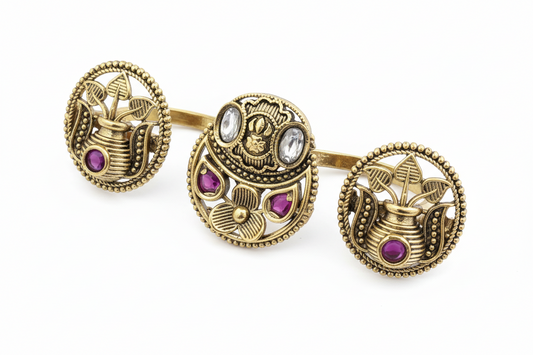 Antique two Finger Adjustable Ring Kundan Floral Disc with Gold Plating