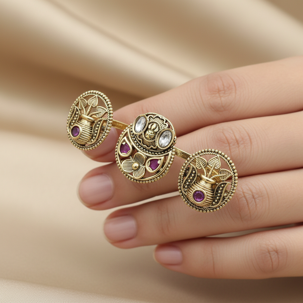 Antique two Finger Adjustable Ring Kundan Floral Disc with Gold Plating