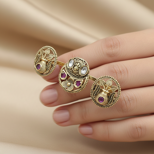 Antique two Finger Adjustable Ring Kundan Floral Disc with Gold Plating