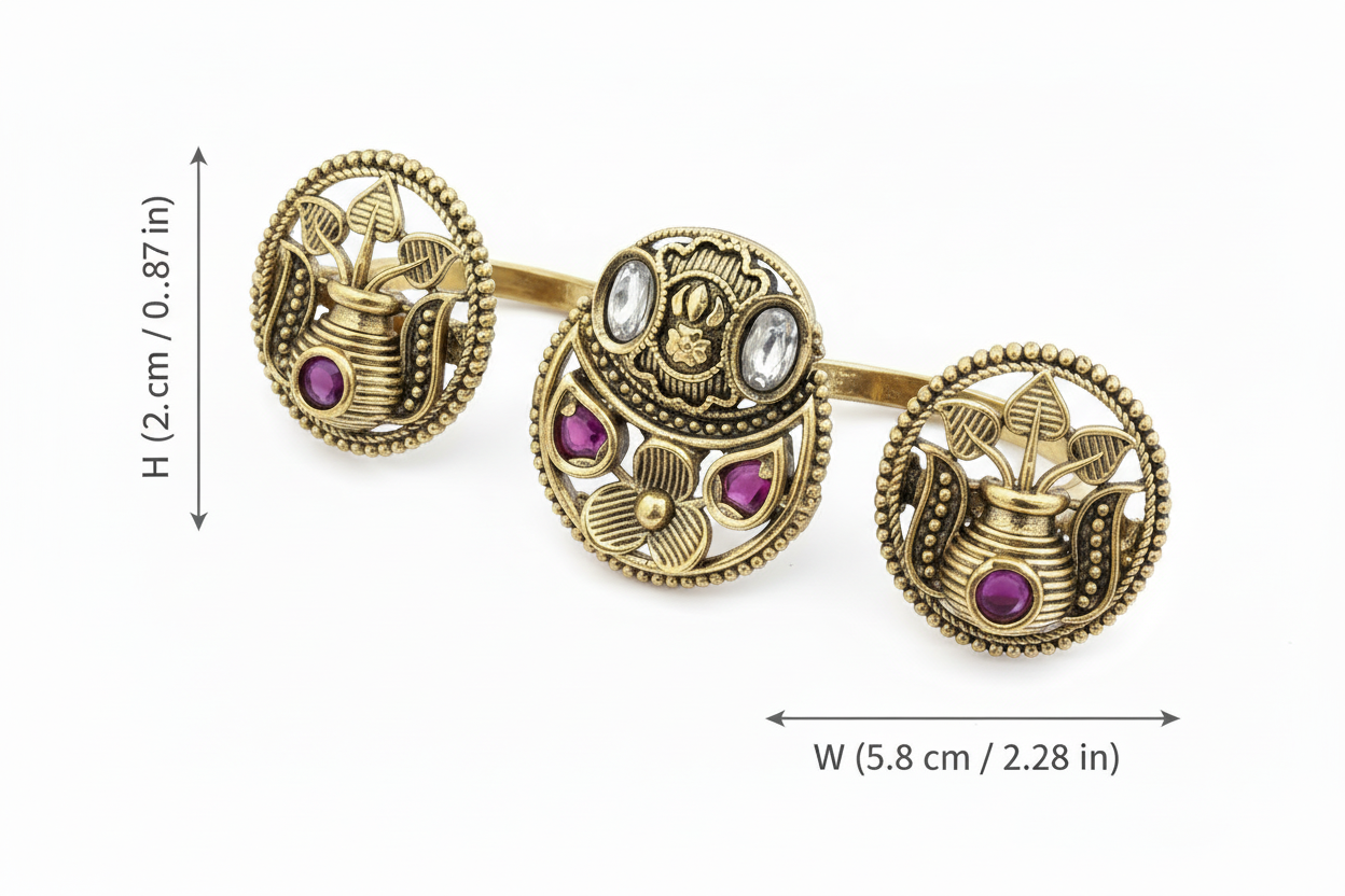 Antique two Finger Adjustable Ring Kundan Floral Disc with Gold Plating