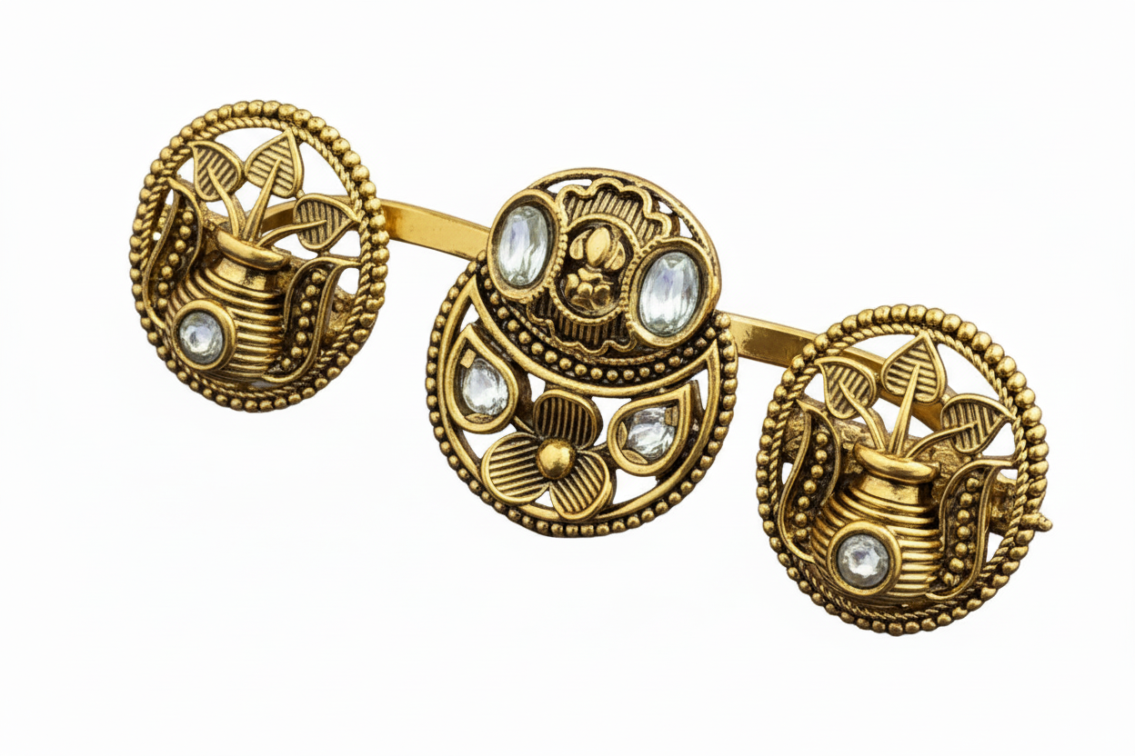 Antique two Finger Adjustable Ring Kundan Floral Disc with Gold Plating