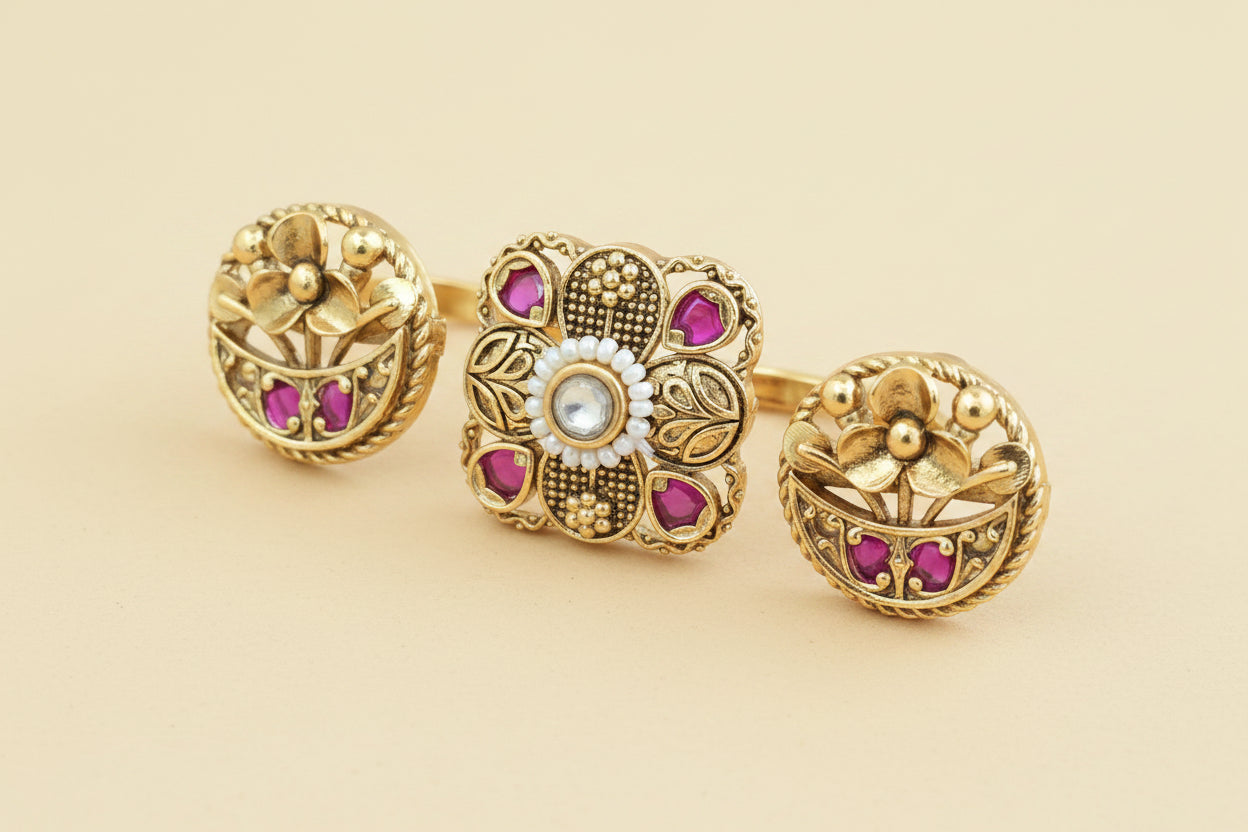 Antique gold plated Linked Finger Ring Set Kundan Floral Square with Ruby & Pearl Halo
