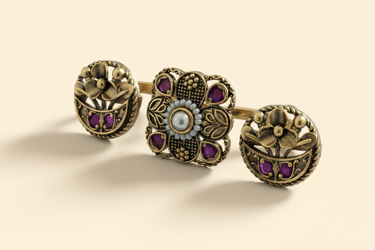 Antique gold plated Linked Finger Ring Set Kundan Floral Square with Ruby & Pearl Halo