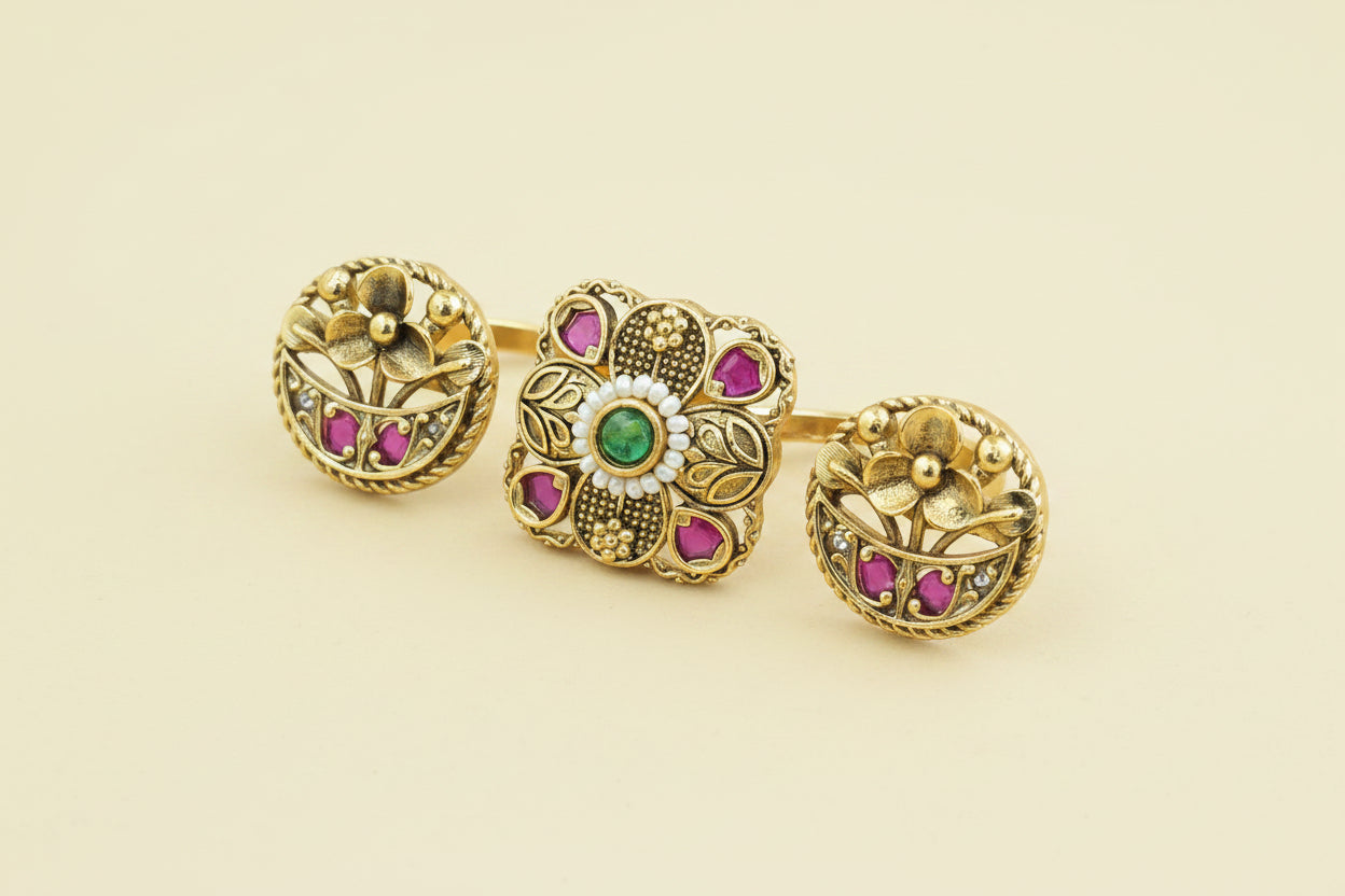 Antique gold plated Linked Finger Ring Set Kundan Floral Square with Ruby & Pearl Halo