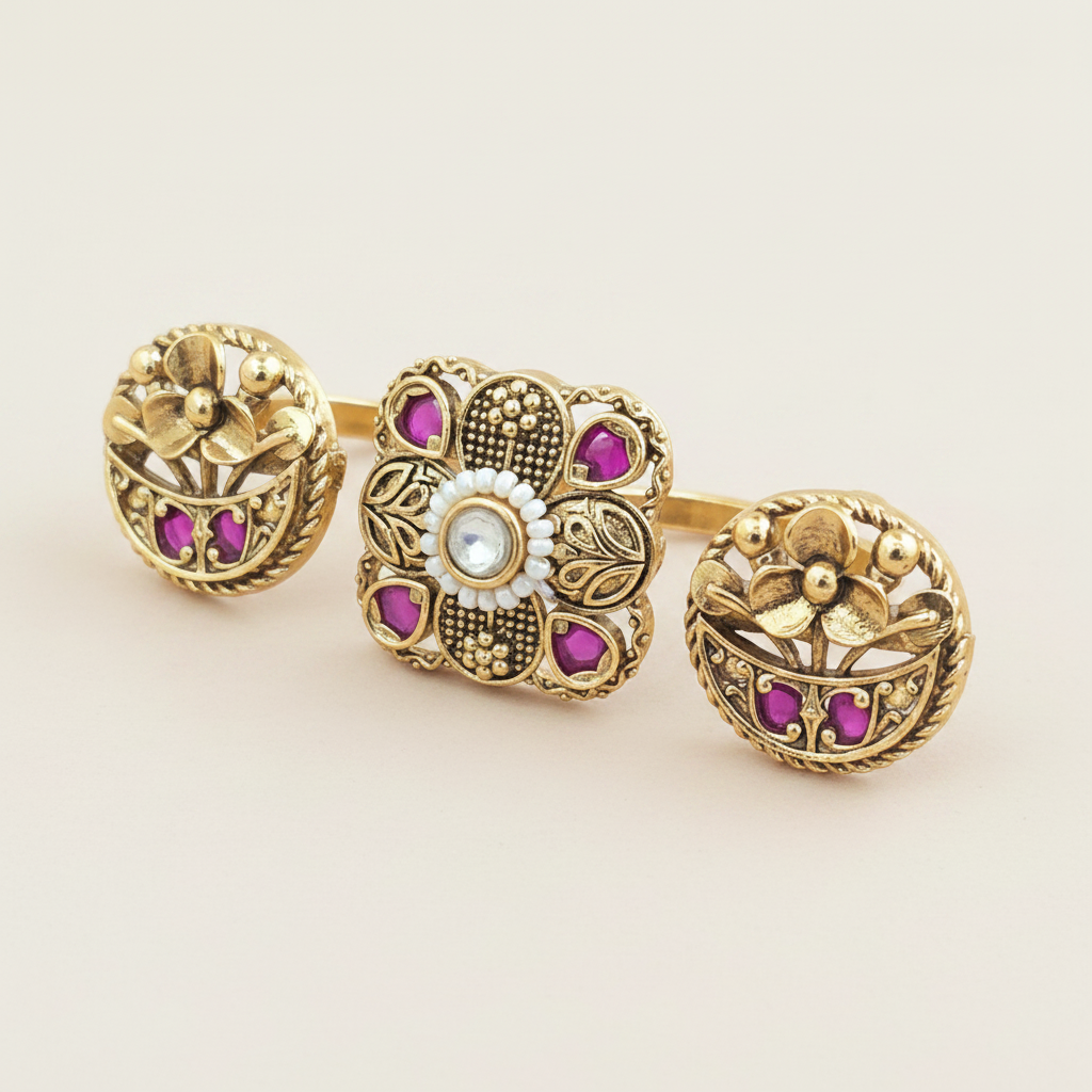 Antique gold plated Linked Finger Ring Set Kundan Floral Square with Ruby & Pearl Halo