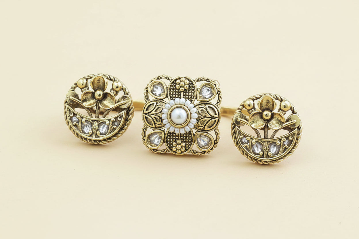 Antique gold plated Linked Finger Ring Set Kundan Floral Square with Ruby & Pearl Halo