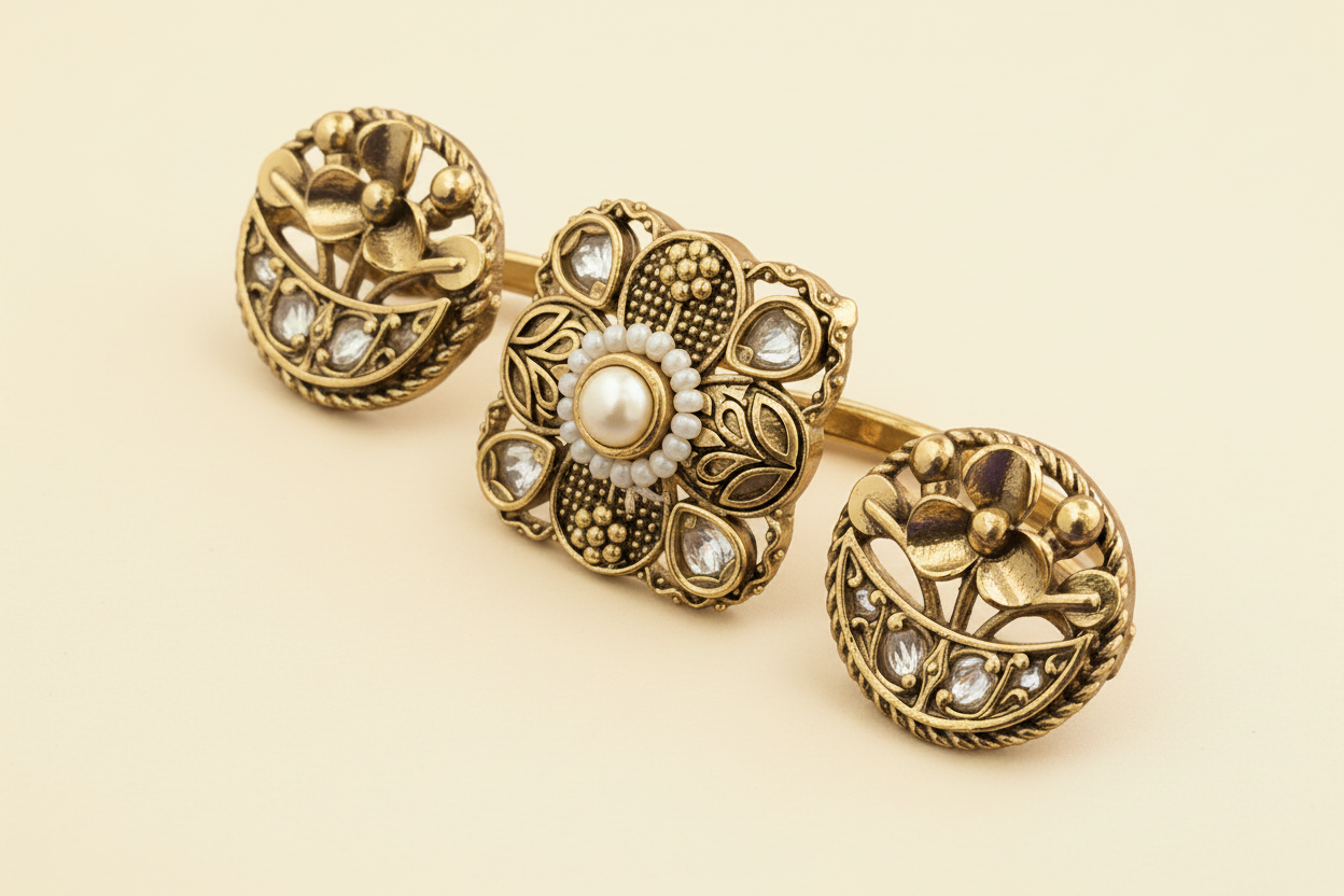 Antique gold plated Linked Finger Ring Set Kundan Floral Square with Ruby & Pearl Halo