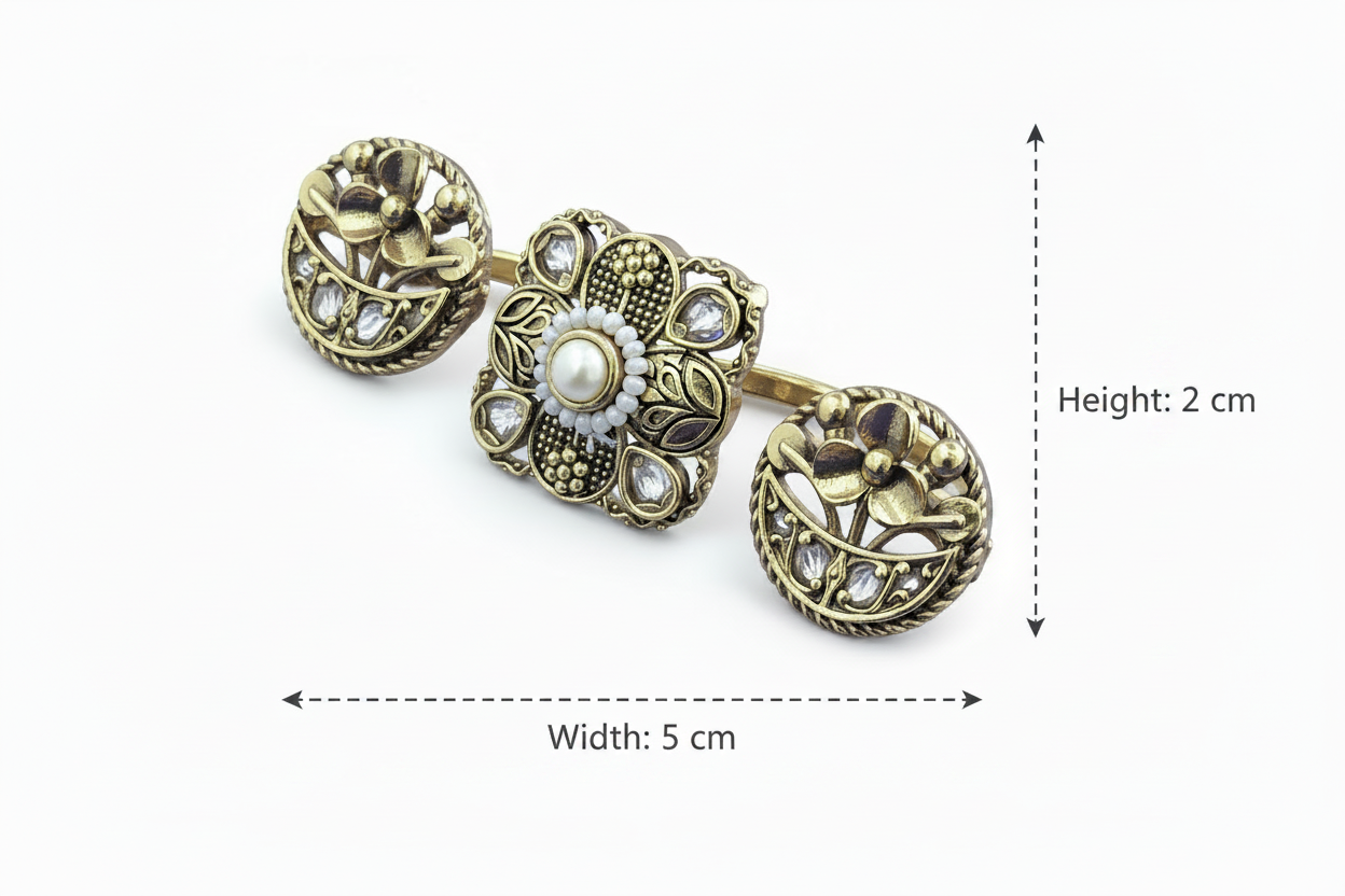 Antique gold plated Linked Finger Ring Set Kundan Floral Square with Ruby & Pearl Halo