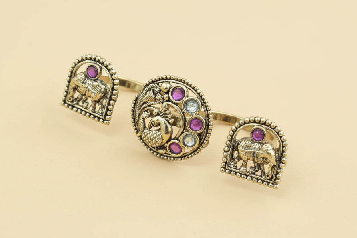 Antique Double Finger Ring Set Peacock and Elephant Motif with Kundan Stones
