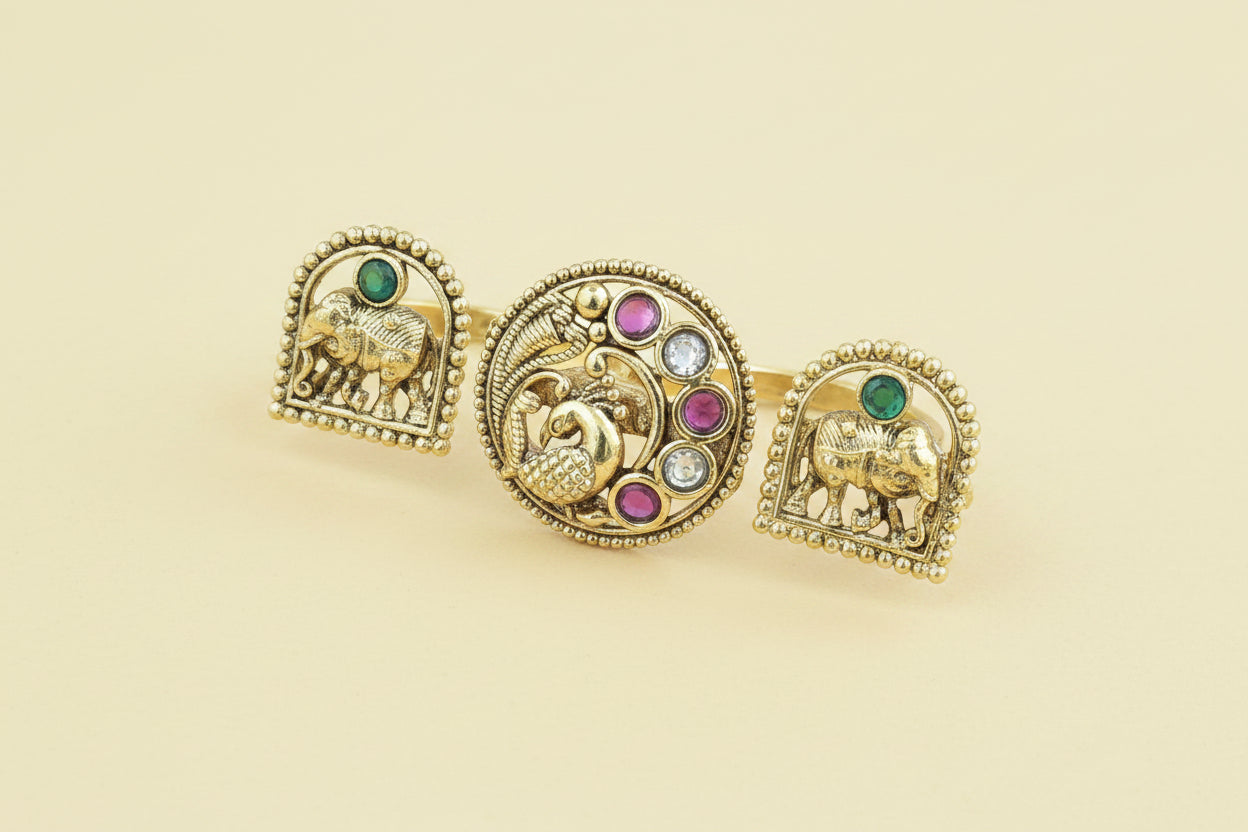 Antique Double Finger Ring Set Peacock and Elephant Motif with Kundan Stones