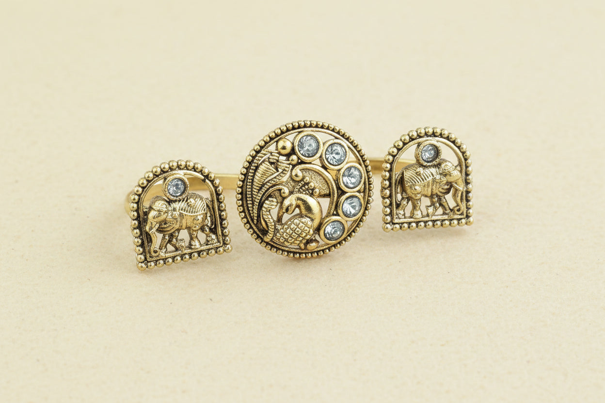 Antique Double Finger Ring Set Peacock and Elephant Motif with Kundan Stones