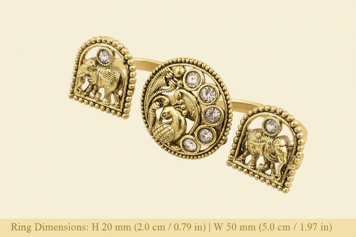 Antique Double Finger Ring Set Peacock and Elephant Motif with Kundan Stones