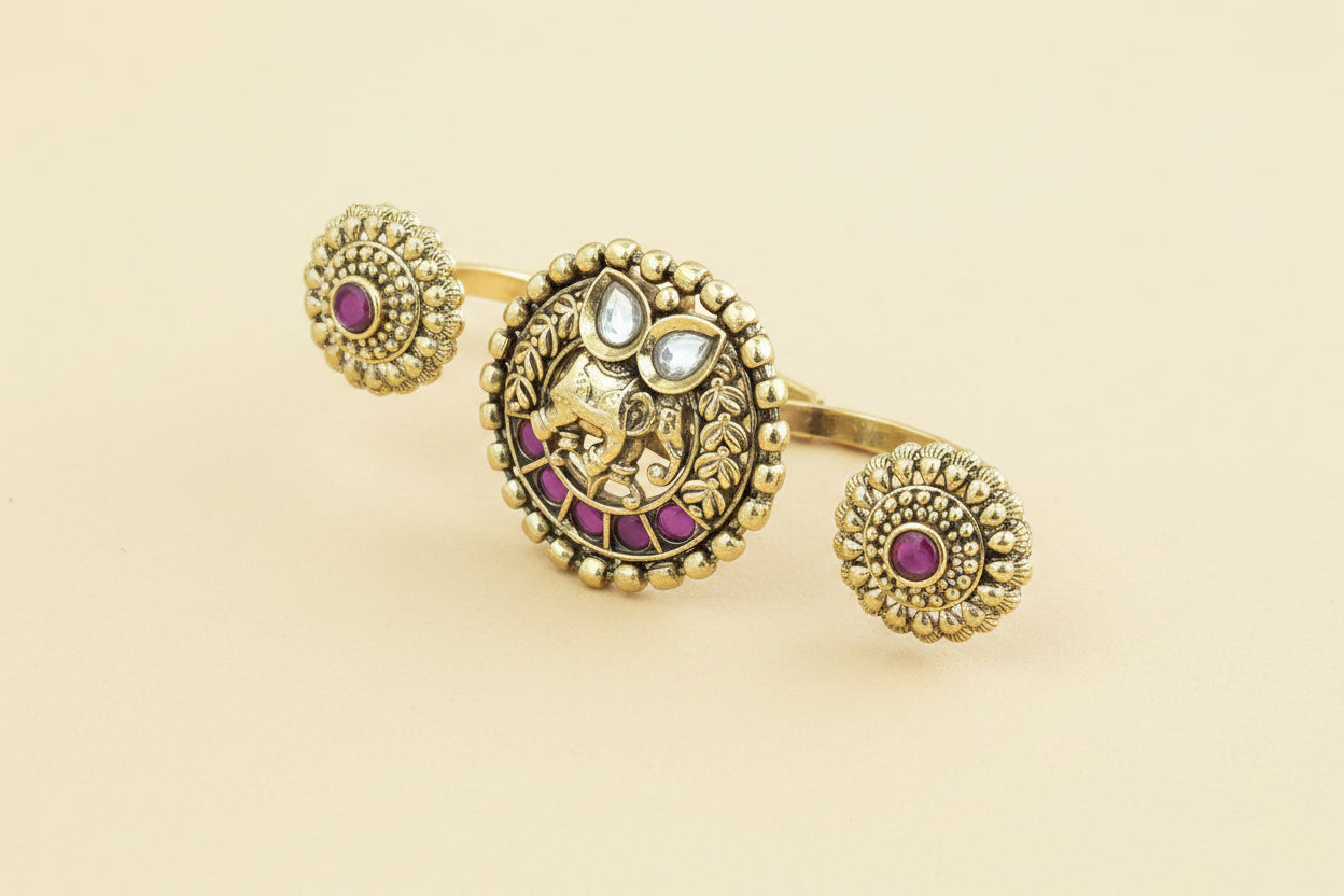 Antique Double Finger Ring Set Elephant Motif Kundan with Ruby & Floral Side Rings