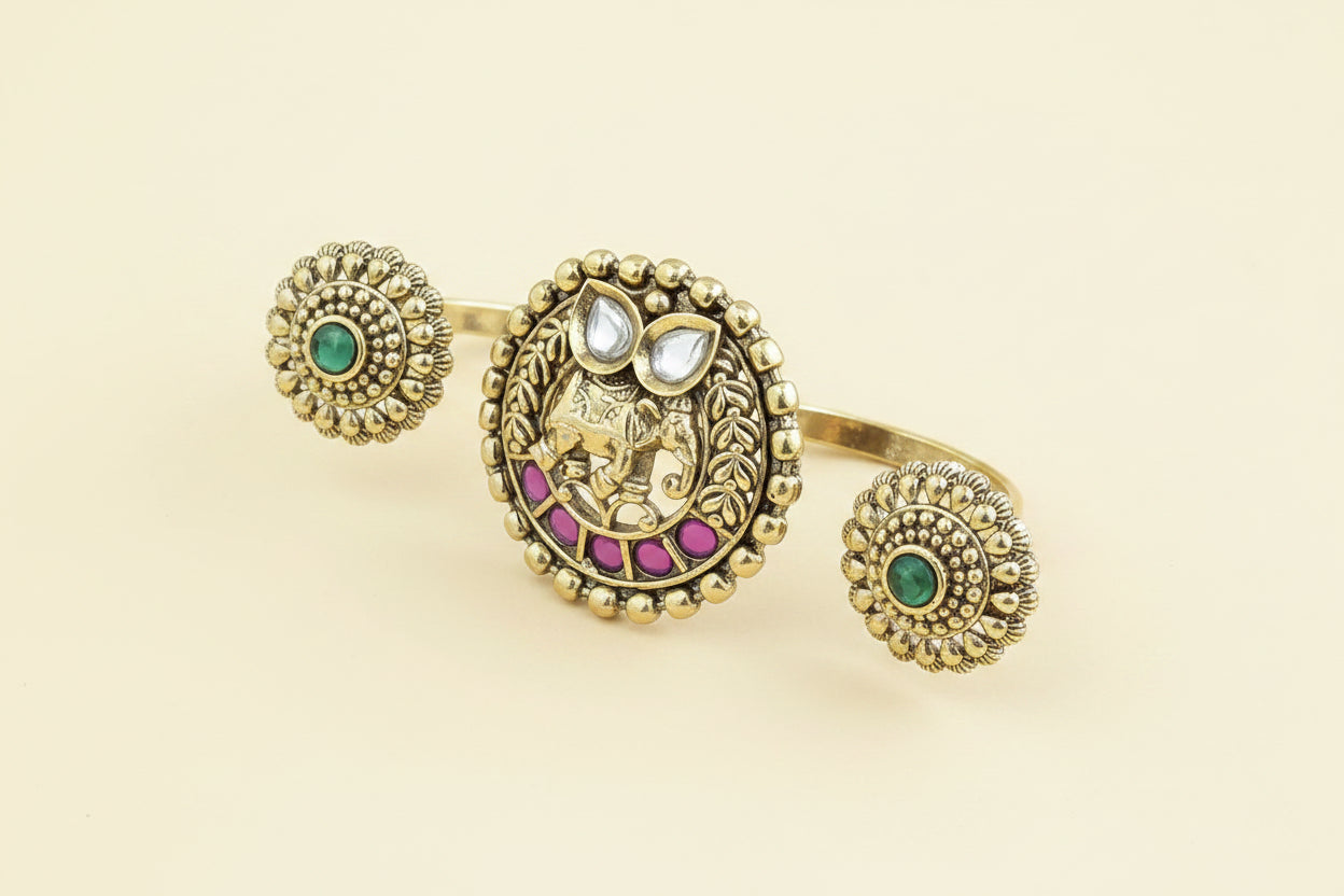 Antique Double Finger Ring Set Elephant Motif Kundan with Ruby & Floral Side Rings