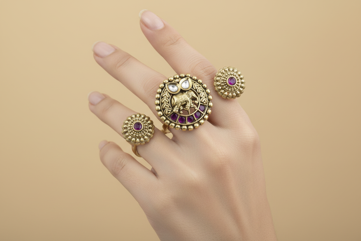 Antique Double Finger Ring Set Elephant Motif Kundan with Ruby & Floral Side Rings