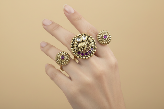 Antique Double Finger Ring Set Elephant Motif Kundan with Ruby & Floral Side Rings