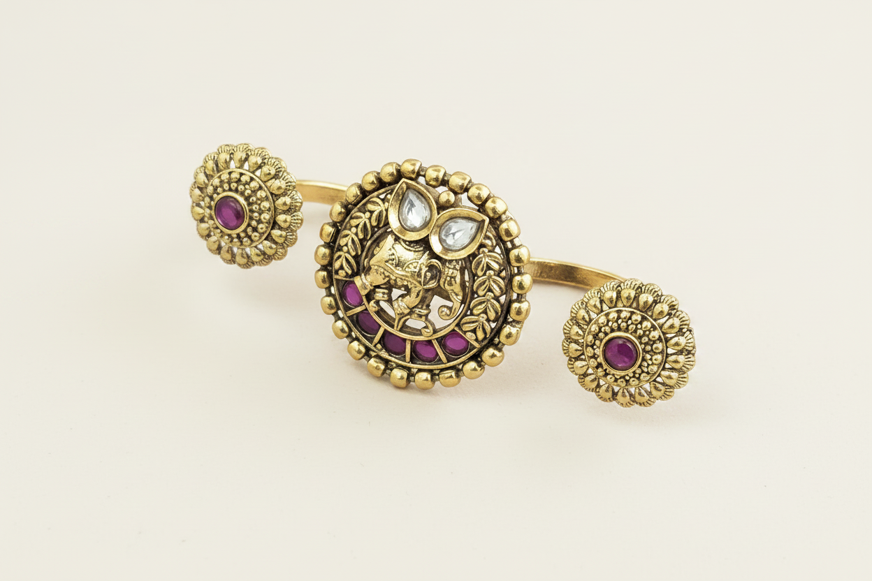 Antique Double Finger Ring Set Elephant Motif Kundan with Ruby & Floral Side Rings