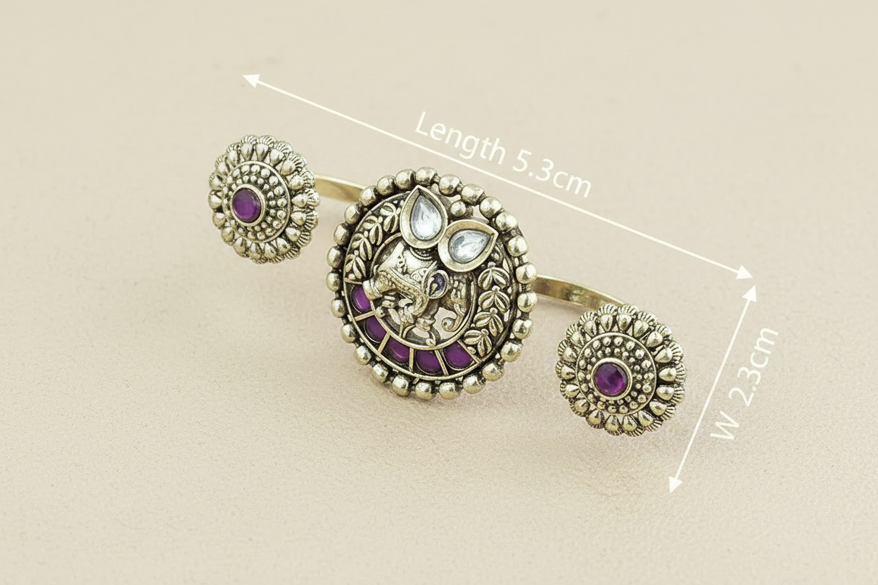 Antique Double Finger Ring Set Elephant Motif Kundan with Ruby & Floral Side Rings