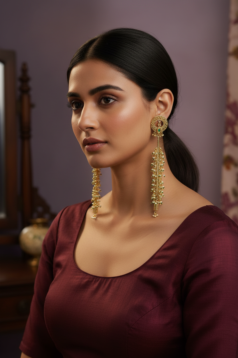 Woman wearing gold plated pear chain green earrings against a purple background